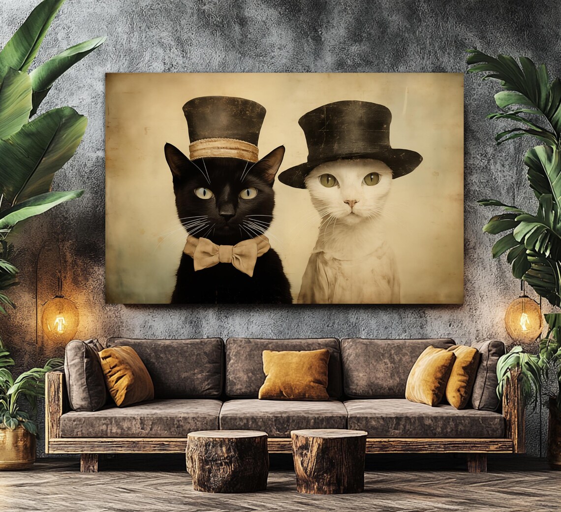 Two Cats In Top Hats Sepia Antique Portrait Animal Art Poster