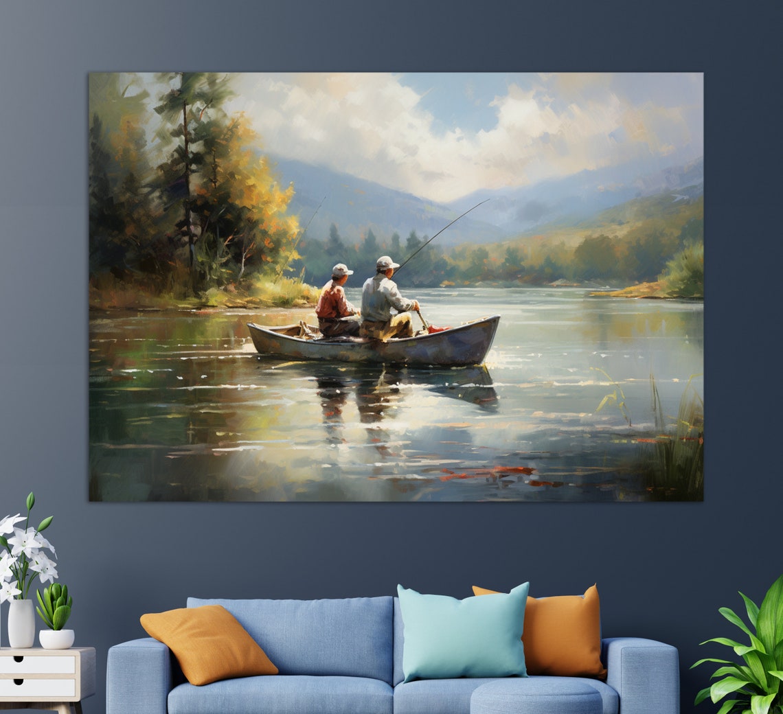 Fishing Boat On The Lake Painting Fishing Wall Art Fishing Print Fishing Painting Fisherman Gift