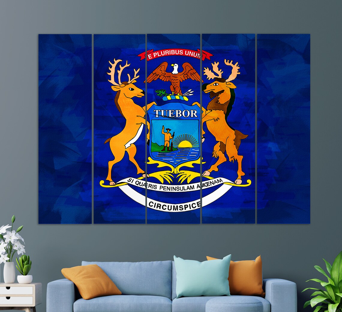 Michigan State Flag Coat Of Arms Blue Field Patriotic Art Print - Image 2