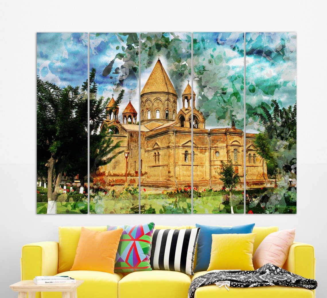 Etchmiadzin Cathedral Armenia Stone Domes Garden Watercolor Poster - Image 2