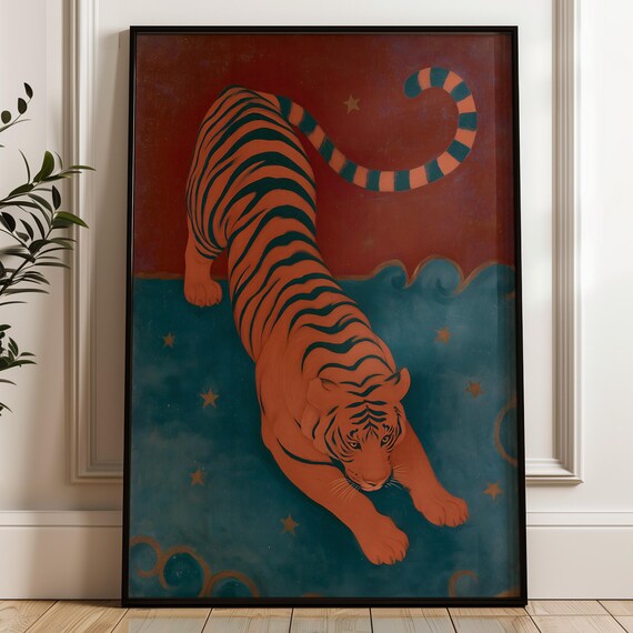 Abstract Tiger Wall Art Modern Whimsical Decor Boho Style Celestial Print Digital Download