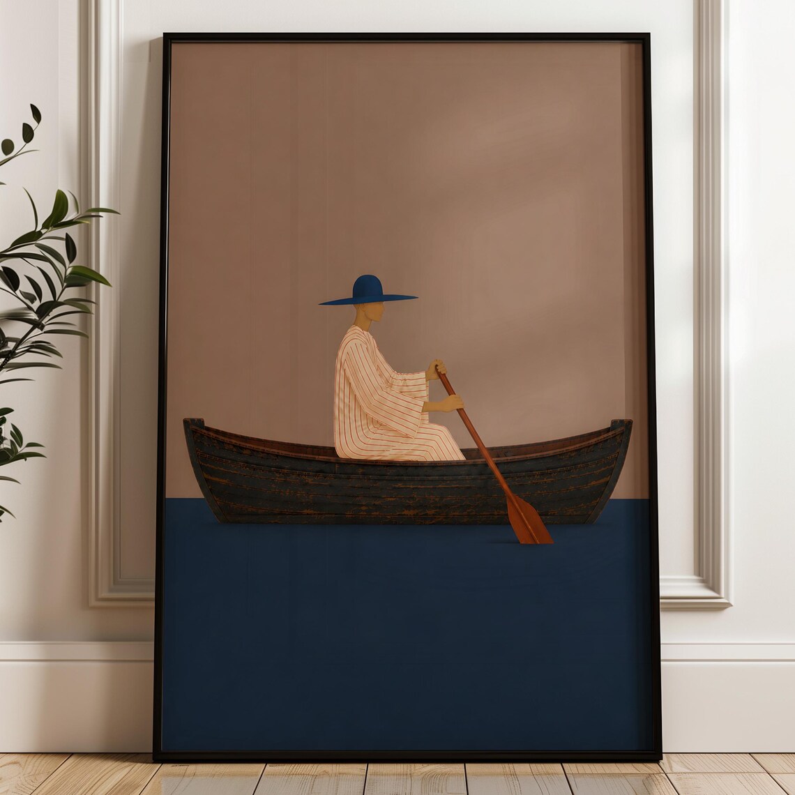 Woman Rowing Rowboat Blue Hat Minimalist Nautical Travel Poster