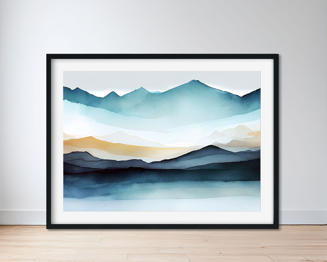 Blue Teal Watercolor Layered Mountain Landscape Scenic Nature Poster - Image 3