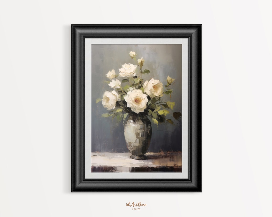 Impressionist White Roses Bouquet Vase Oil Painting Style Poster - Image 2