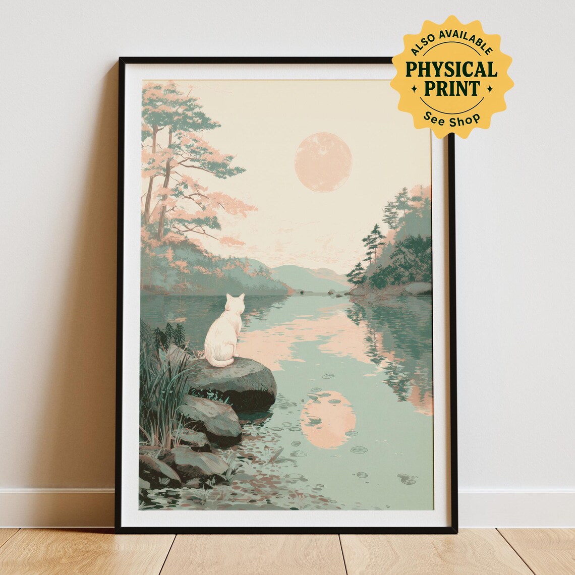White Cat By Moonlit Lake Watching Pink Full Moon Japandi Zen Calm Poster