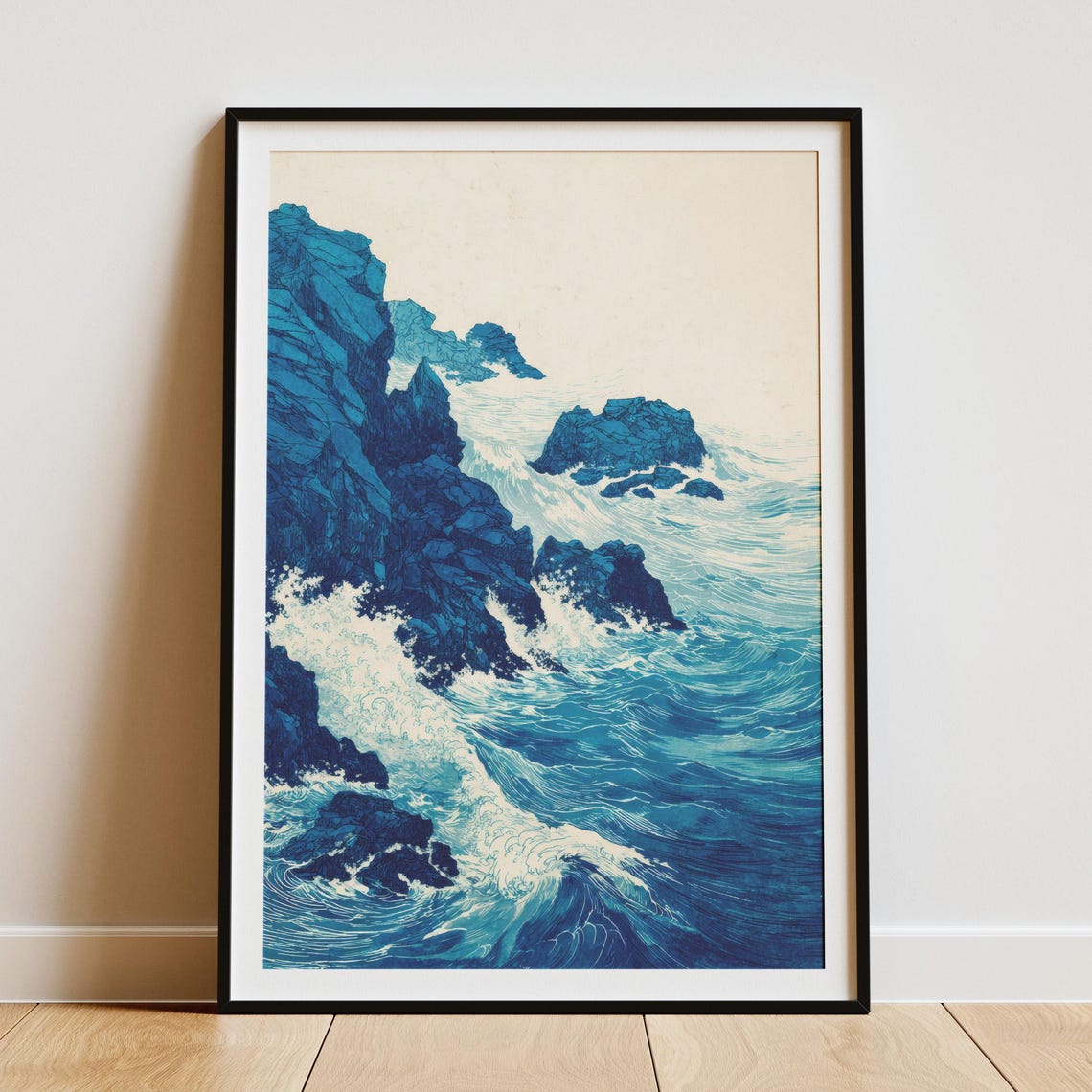 Blue Cliff Coastline With Sea Spray Woodblock Style Art Poster