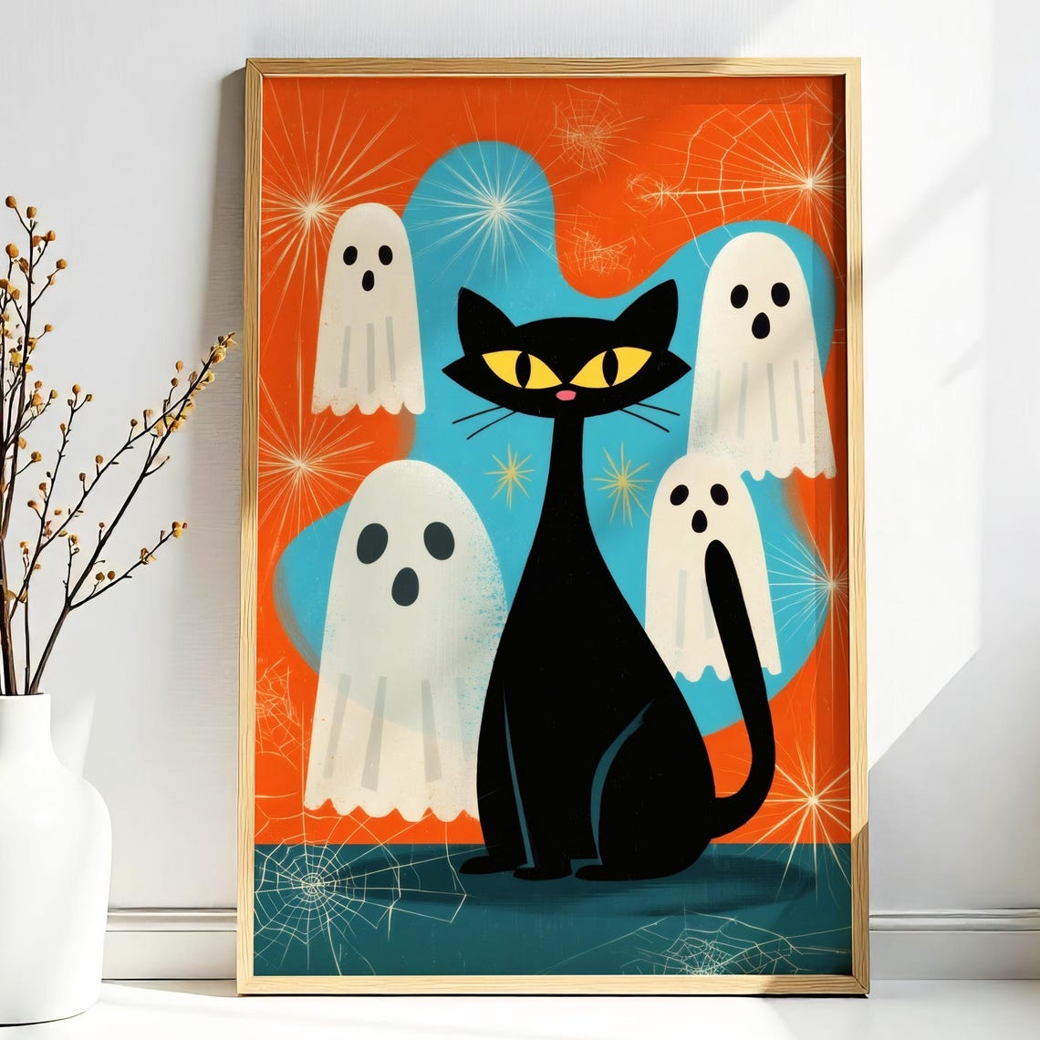Black Cat With Friendly Ghosts Retro Halloween Midcentury Poster