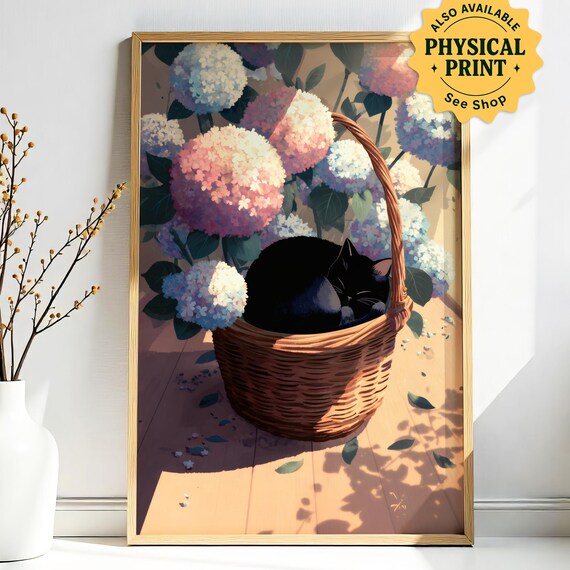 Black Cat Napping in a Wicker Basket Among Hydrangea Blooms Poster
