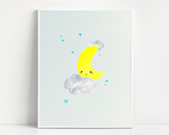 Moon And Stars Print Cute Moon Nursery Wall Decor Boy Nursery Theme Nursery Prints Boy Nursery Decor Boy Sky Moon Nursery Art