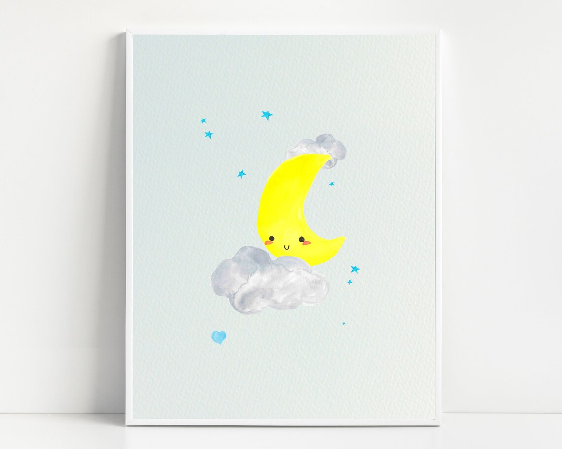 Moon And Stars Print Cute Moon Nursery Wall Decor Boy Nursery Theme Nursery Prints Boy Nursery Decor Boy Sky Moon Nursery Art
