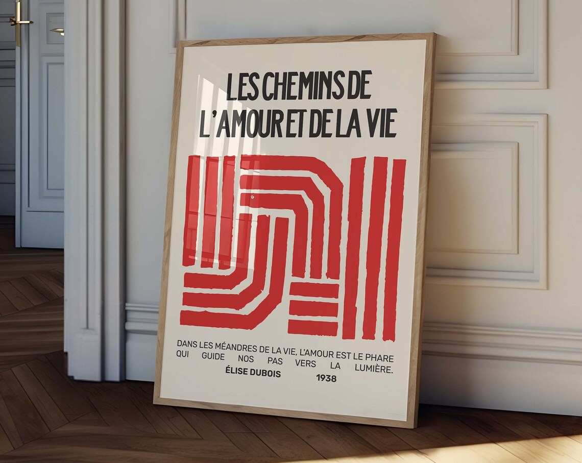 Les Chemins de l'Amour French Red Abstract Typography Art Poster