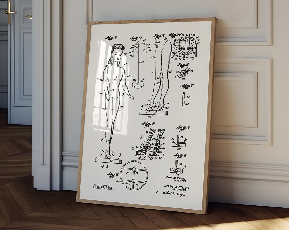 Doll Patent Art 1961 Vintage Fashion Doll Blueprint Patent Poster