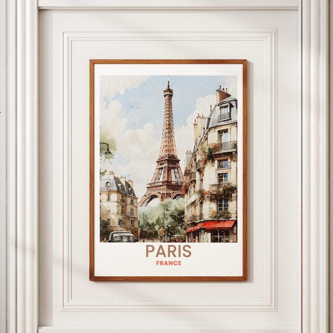 Paris France Eiffel Tower Watercolor Street Scene Travel Art Poster