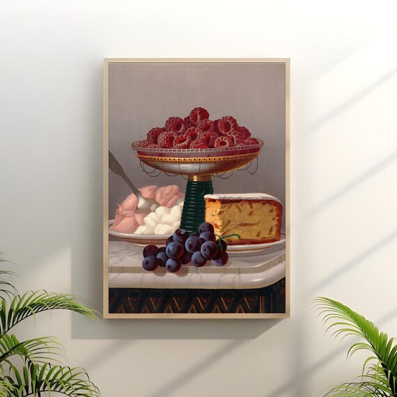 Vintage Still Life Raspberries Grapes Cake Classic Kitchen Art Print