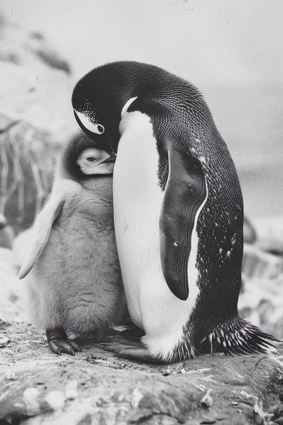 Mom Baby Penguin Cute Animal Wall Art Nursery Room Bedroom Prints Cute Vintage Style Animal Photo Mommy And Me Ai Art