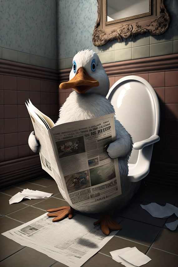 Duck Sitting On The Toilet Reading A Newspaper Funny Bathroom Humor Wall Decor Funny Animal Print Home Ai Prints