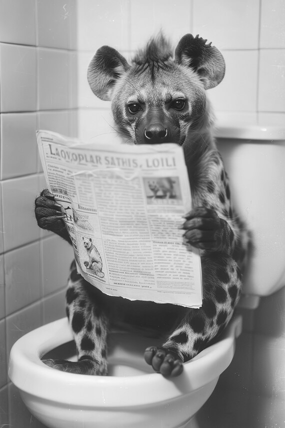 Hyena Reading Newspaper on Toilet Funny Bathroom Humor Poster