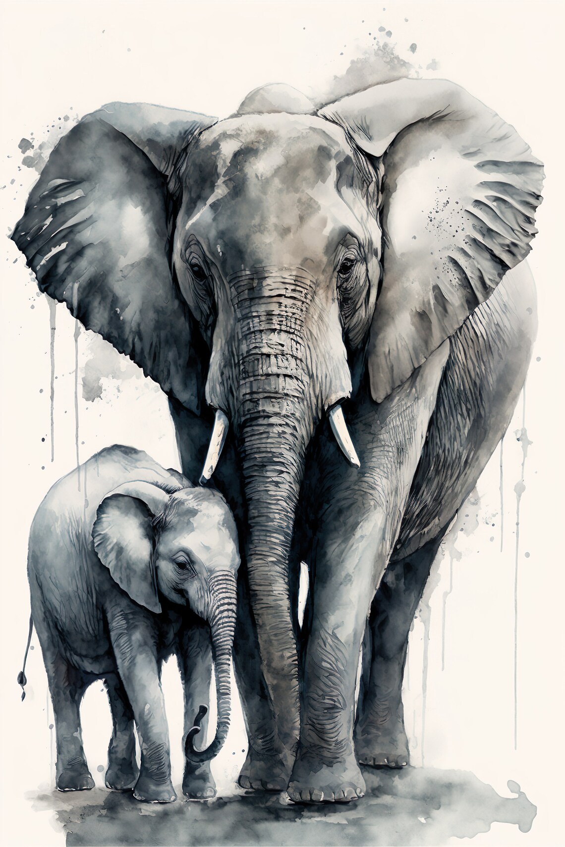 Elephant Mother and Calf Ink Wash Watercolor Gray Poster for Nursery Decor