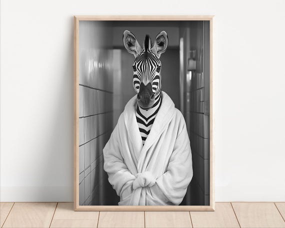 Zebra In A Bathrobe Funny Bathroom Wall Art Funny Retro Vintage Style Animal Photo Cute Zebra Wall Art Print Wall Art