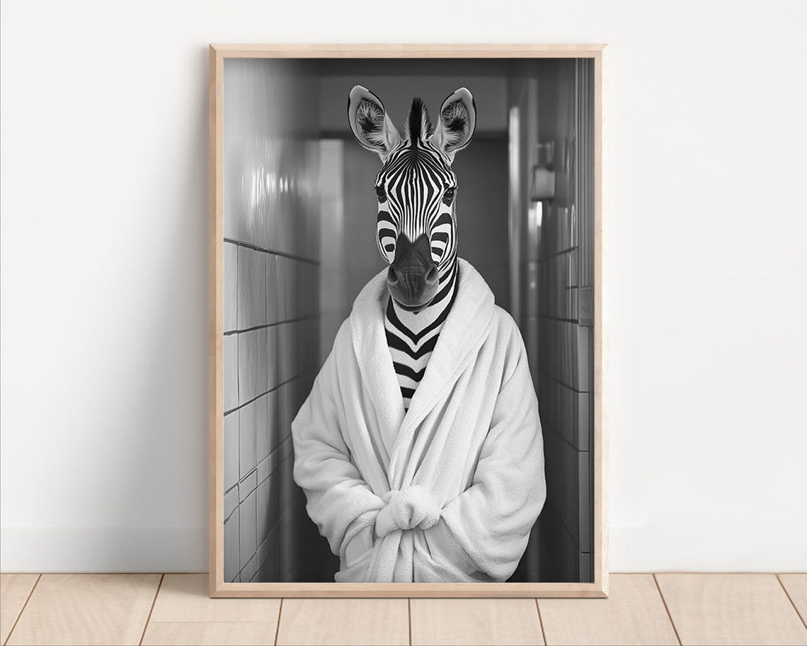 Zebra In Bathrobe Framed Black And White Bathroom Humor Animal Poster