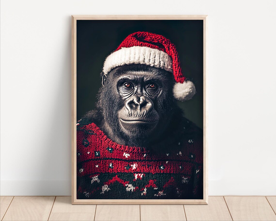 Cute Christmas Gorilla Retro Winter Animals Poster