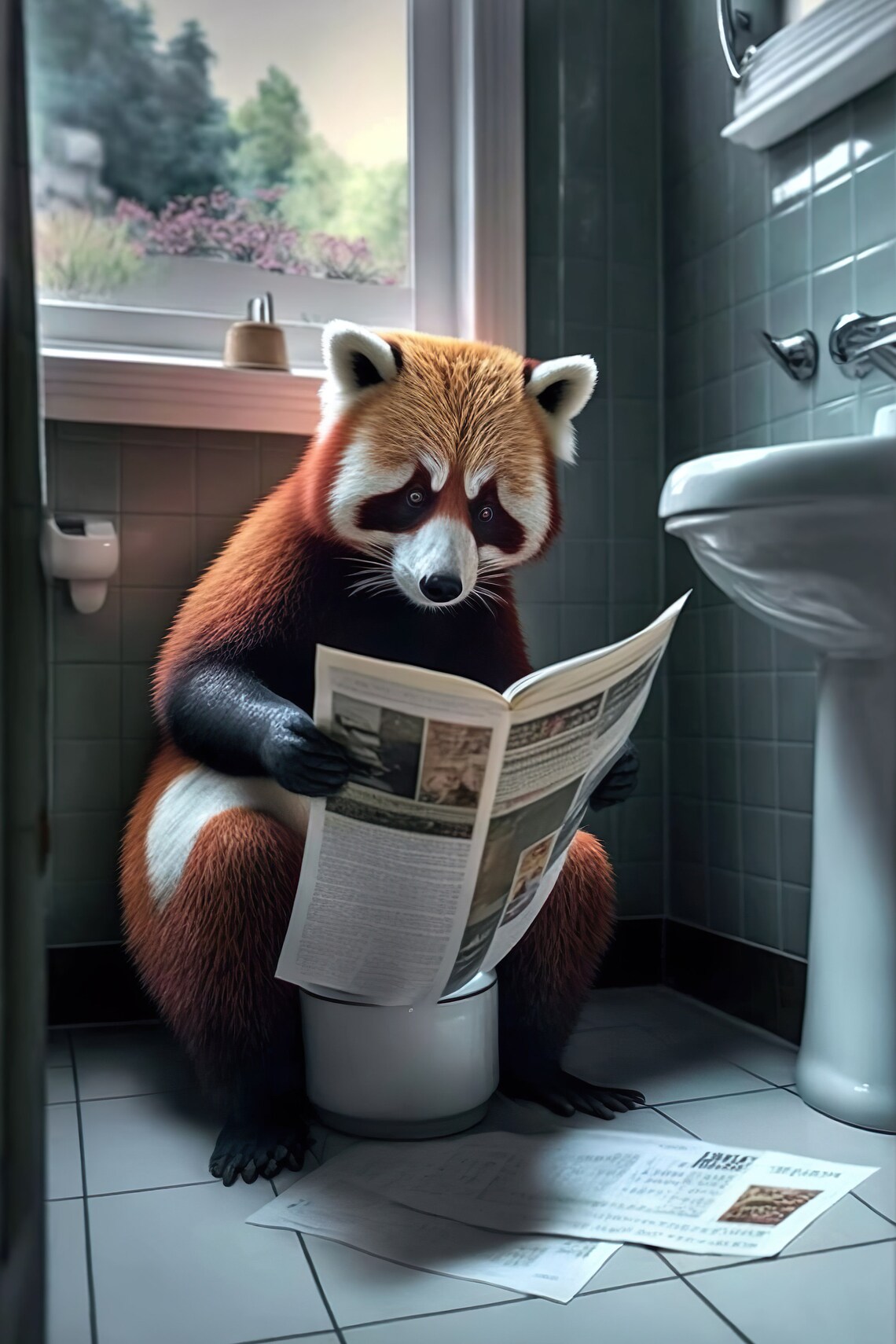 Cute Red Panda Reading Newspaper on Toilet Funny Bathroom Poster