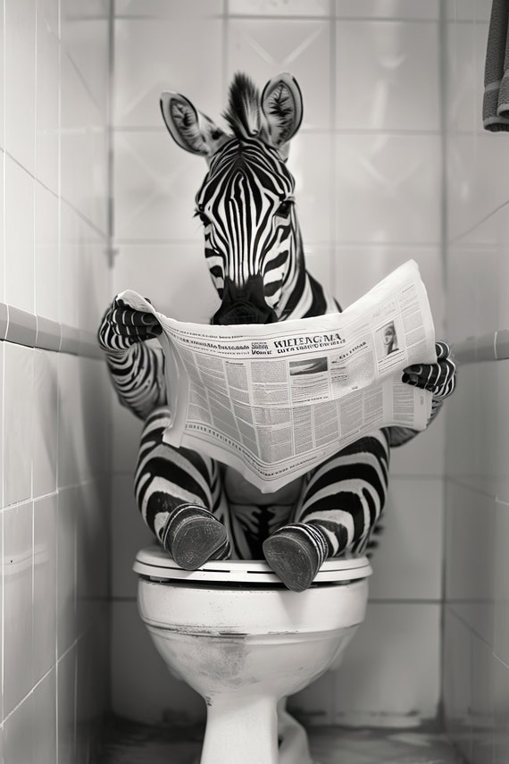 Zebra Sitting On The Toilet Reading A Newspaper Funny Bathroom Wall Art Funny Vintage Style Animal Photo Animal Print Ai Art