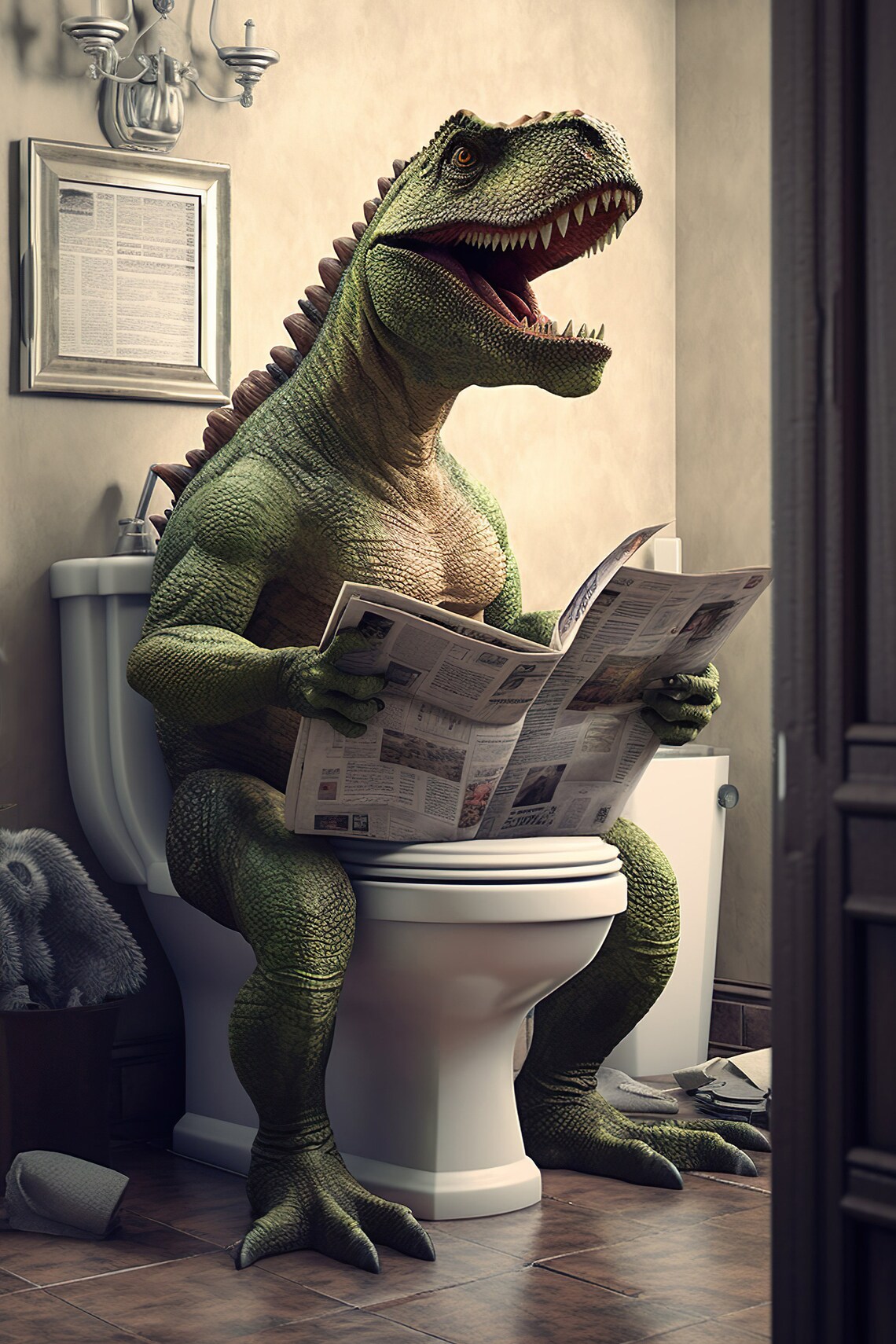 T Rex Sitting on the Toilet, Funny Bathroom Print
