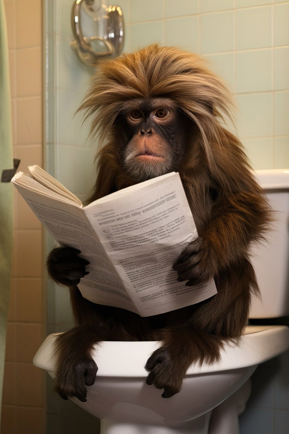 Tamarin Monkey Sitting On The Toilet Reading A Newspaper Funny Bathroom Wall Art Funny Monkey Print Animal Photo Ai Art