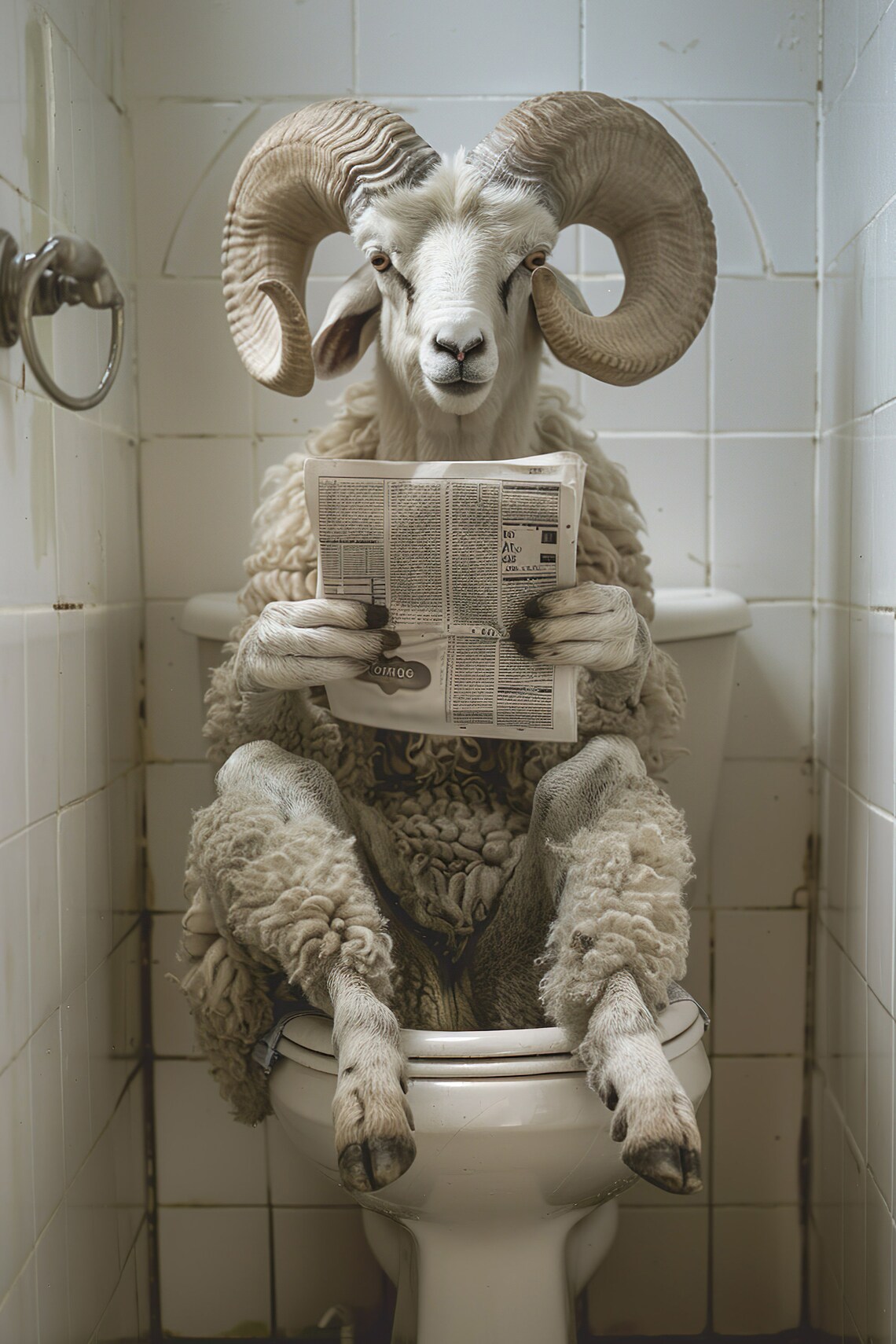 Funny White Ram Sitting On Toilet Reading Newspaper Bathroom Poster