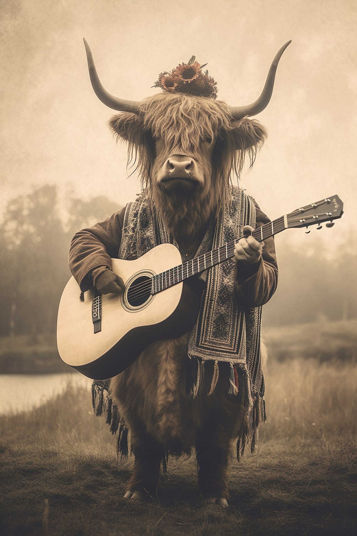 Highland Cow Playing Guitar Funny Vintage Animal Print Cow Photograph Retro Cow Humor Vintage Wall Art Home Decor Ai Art