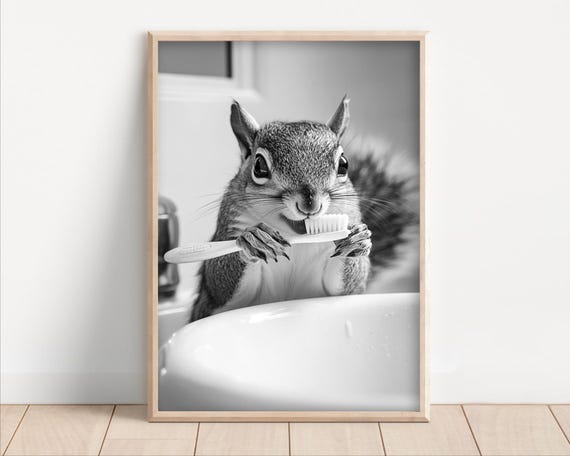 Squirrel Brushing Teeth Funny Bathroom Animal Art
