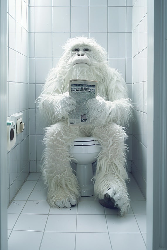 Yeti Sitting On The Toilet Reading A Newspaper Funny Bathroom Humor Funny Mythical Creature Wall Art Home Ai Art Prints