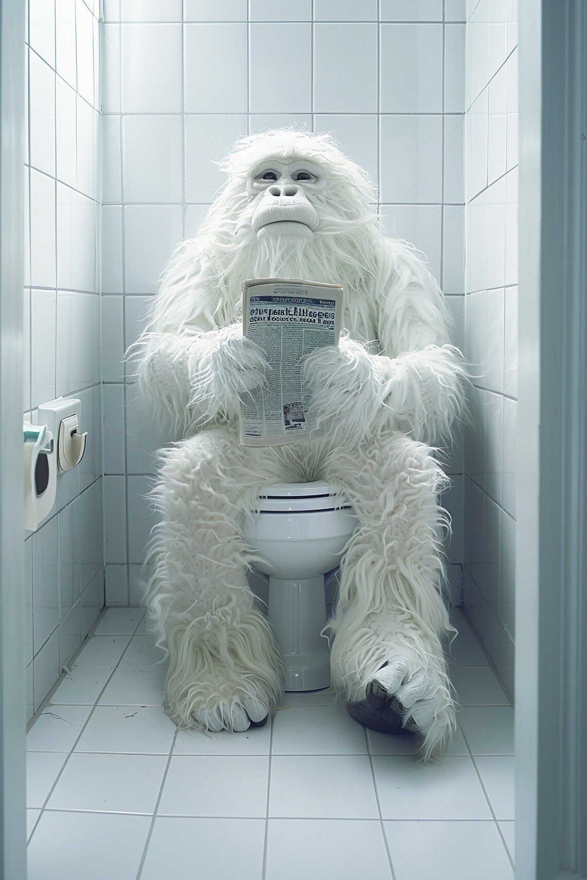 Yeti Reading Newspaper on Toilet Funny Bathroom Humor Poster