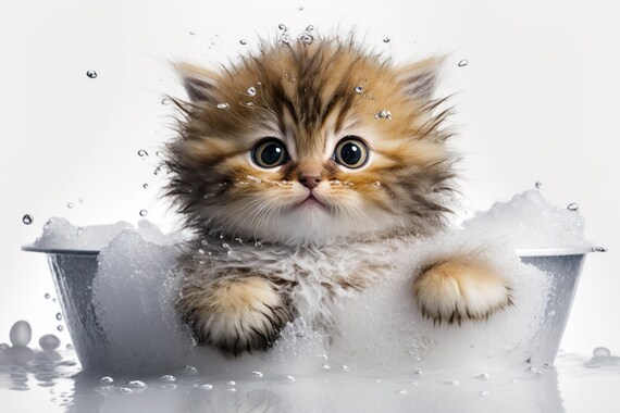 Sweet Fluffy Kitten In Bubble Bath Water Splash Cute Photo Poster