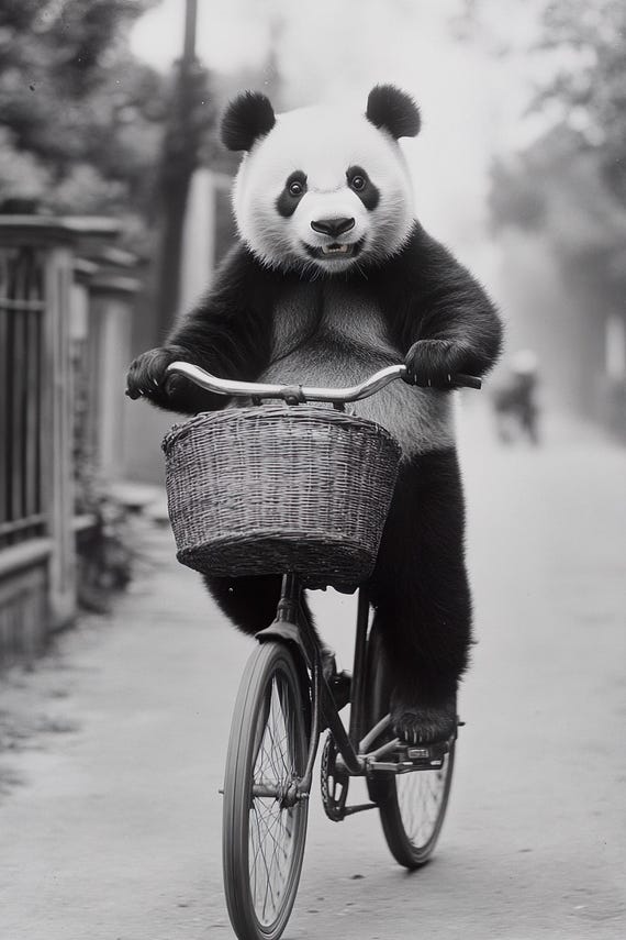 Panda Riding A Bike Funny Animal Wall Art Panda With Bicycle Funny Vintage Style Animal Photo Cute Retro Home Print Ai Art