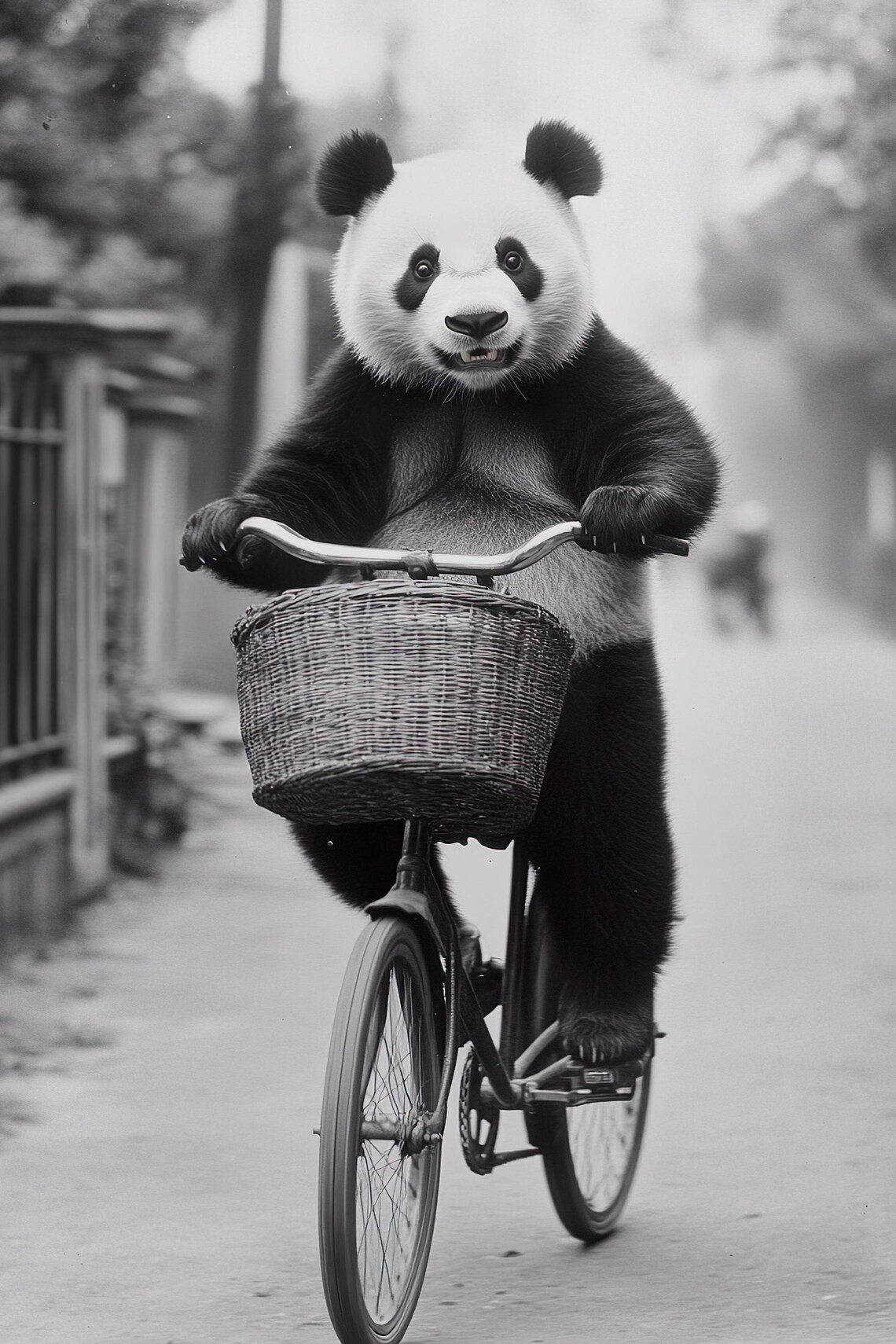 Giant Panda Riding Bicycle Wicker Basket Cute Funny Animal Poster