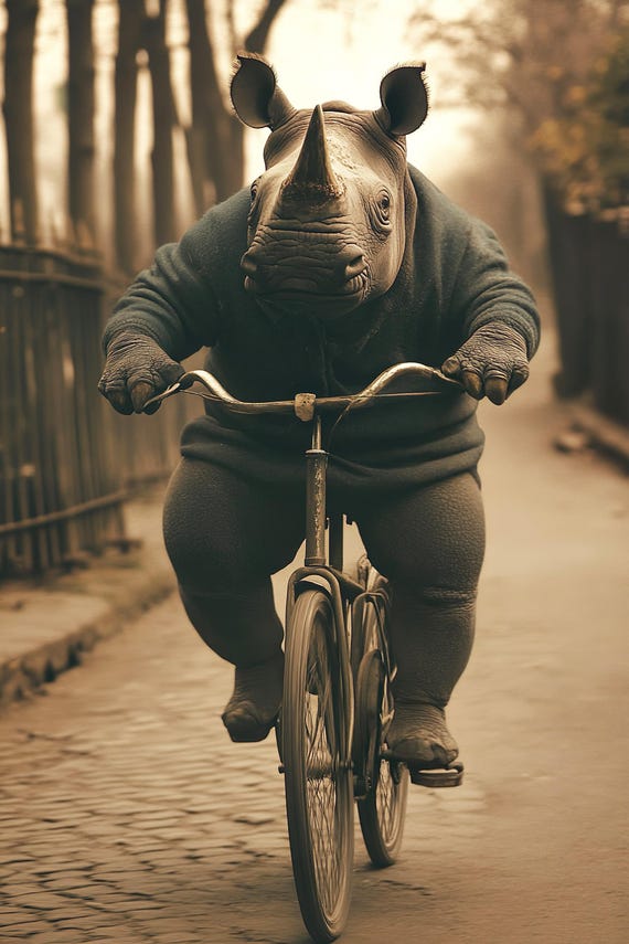 Rhino Riding A Bike Funny Animal Wall Art Rhino With Bicycle Funny Vintage Style Animal Photo Cute Retro Home Print Ai Art