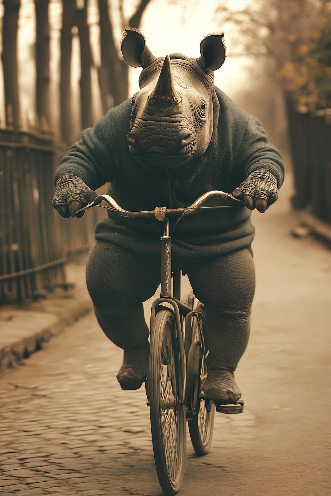 Rhino Riding Bicycle Funny Vintage Sepia Animal Portrait Poster