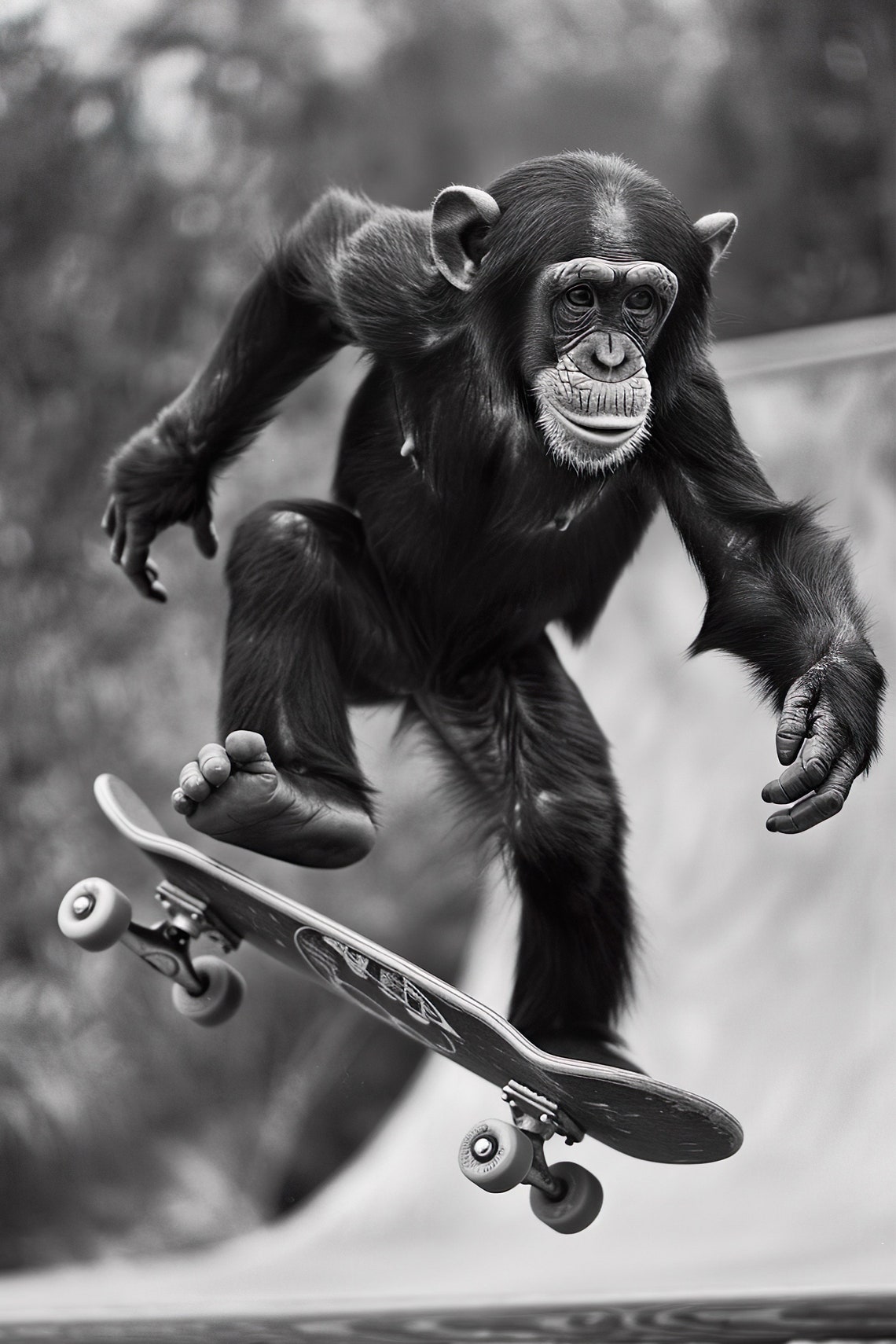 Funny Chimpanzee Kickflip Skateboard Black And White Photo Print