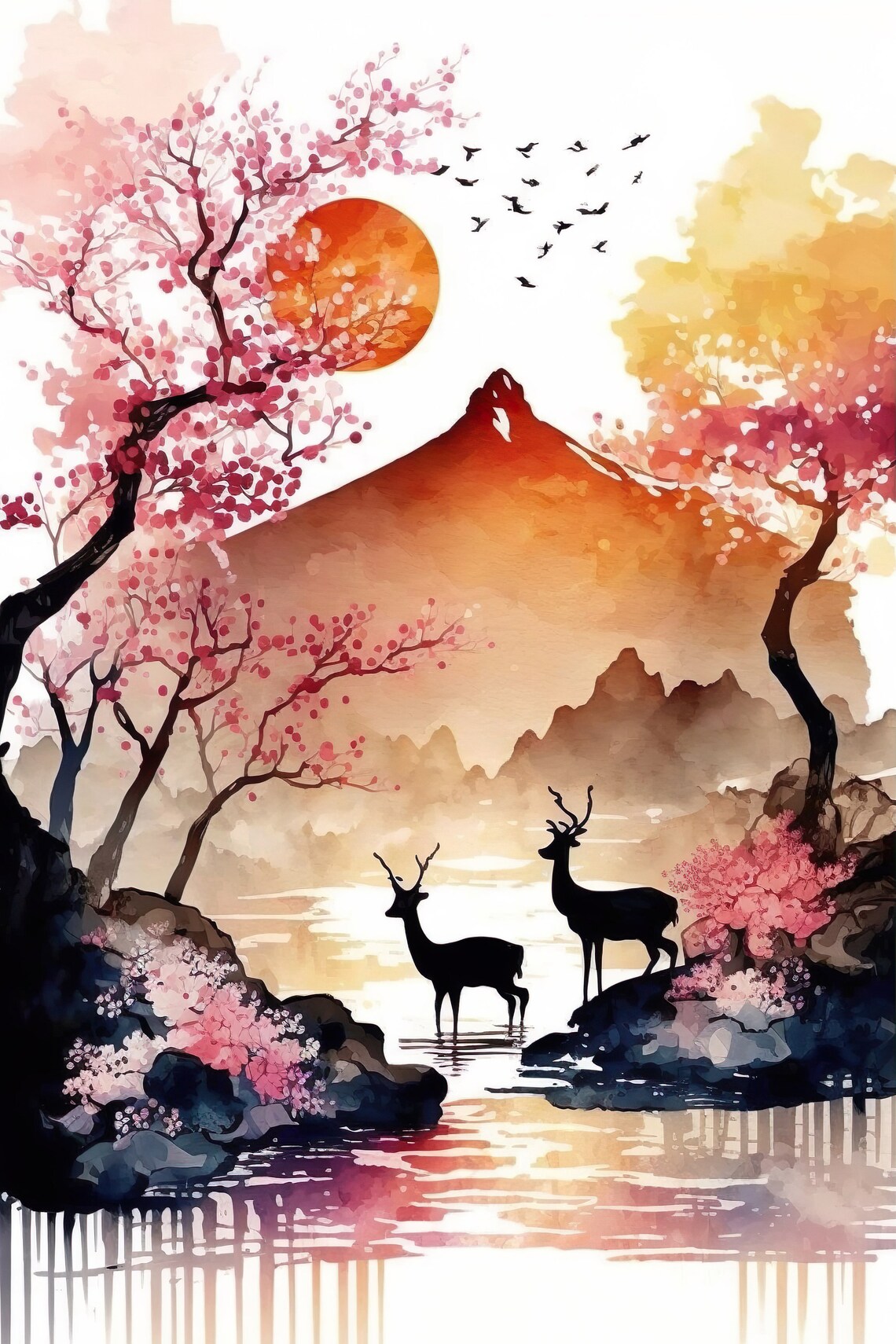 Deer by the River Sakura Blossom Fuji Watercolor Nature Poster