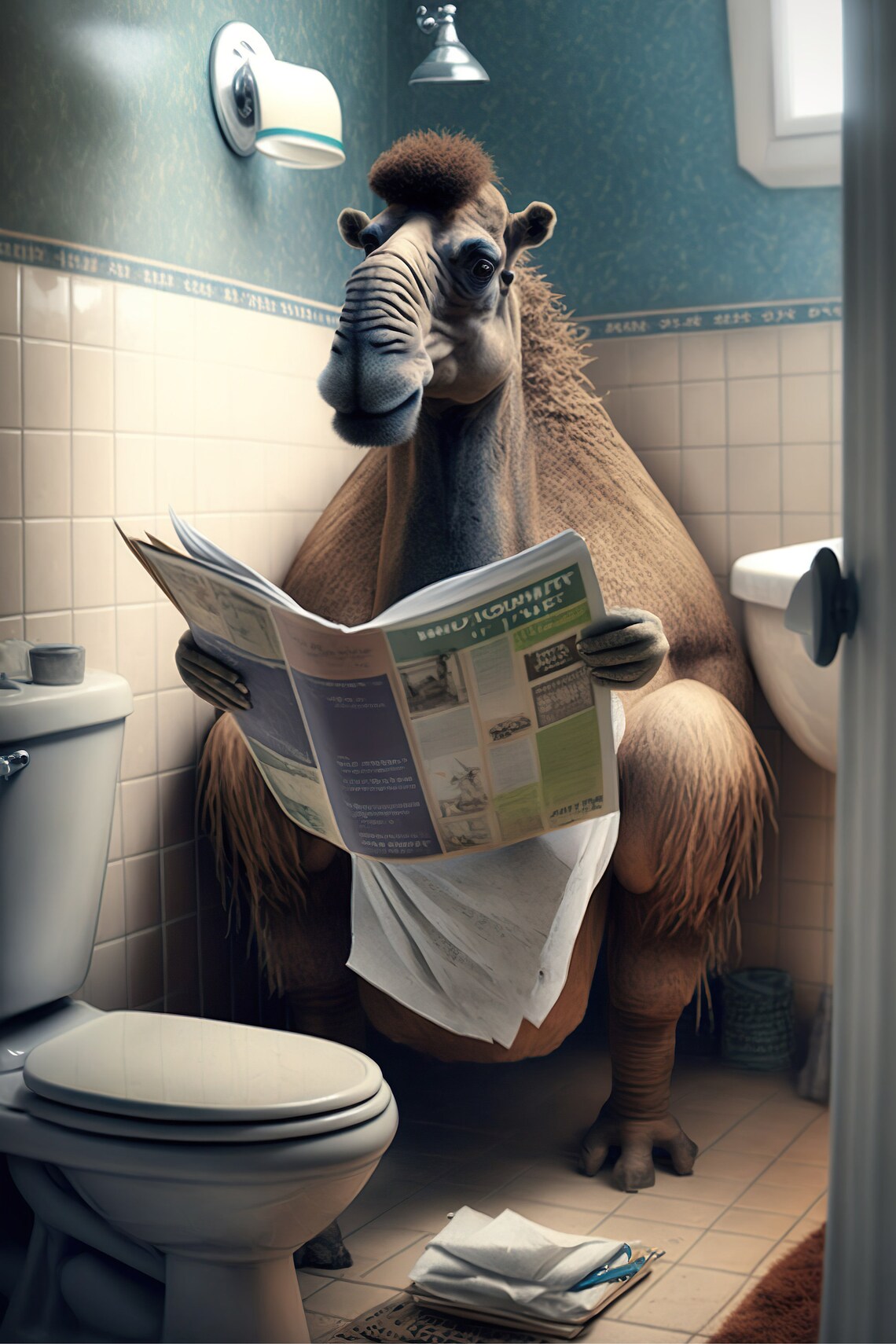 Camel Sitting On The Toilet Reading A Newspaper, Funny Poster