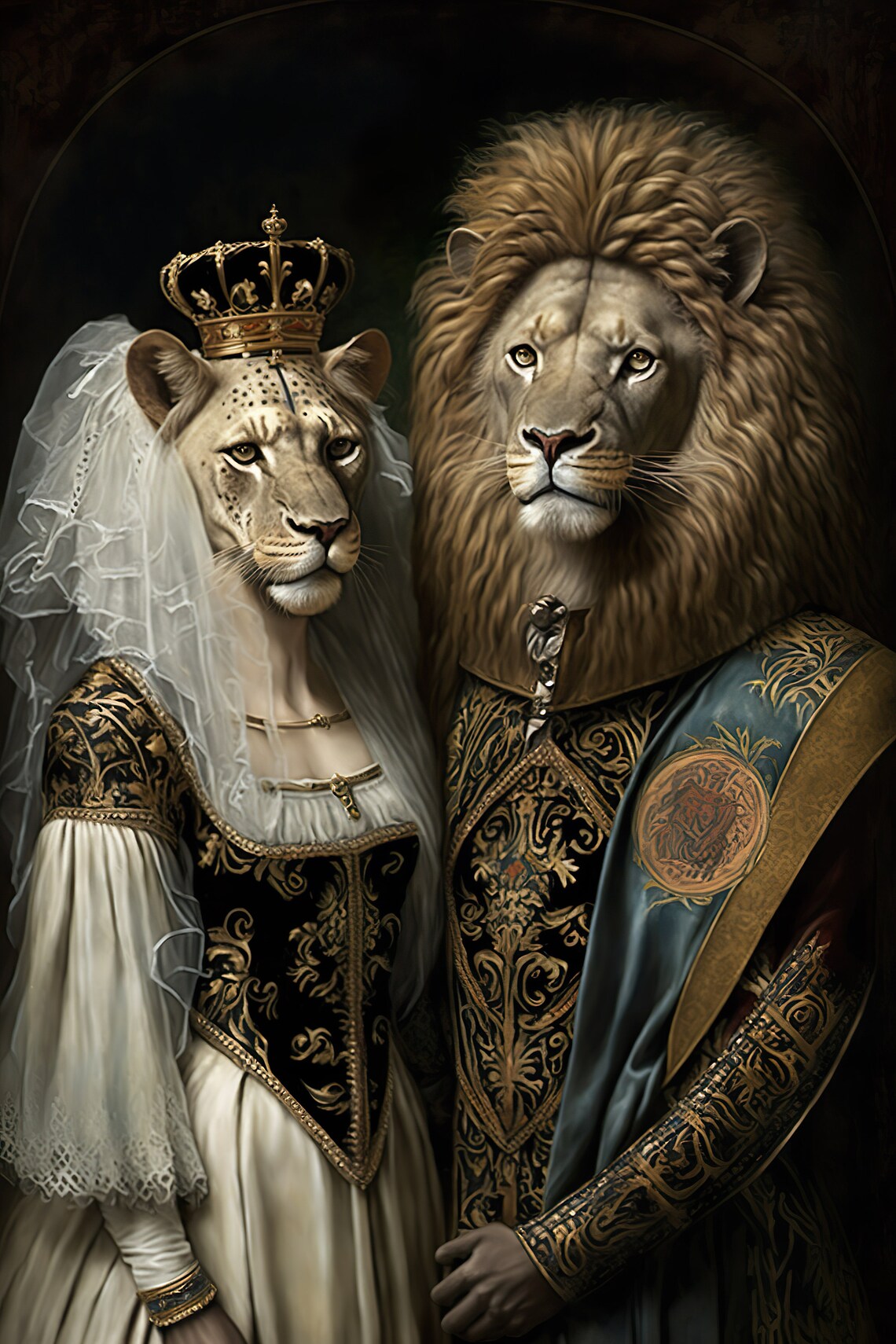 Aristocratic Lion Couple Funny Animal Art Print