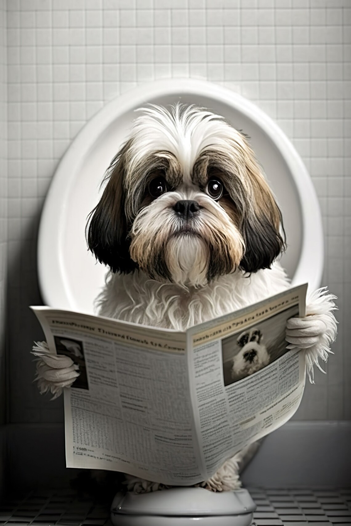 Shih Tzu Bathroom Humor Art Print, Funny Dog Scene