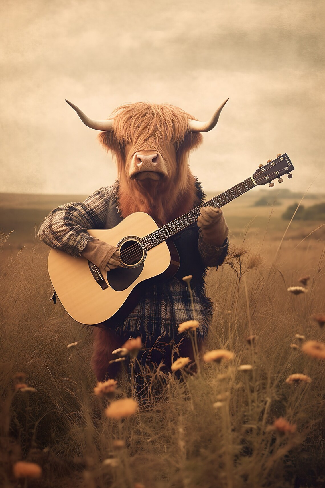 Highland Cow Playing Guitar, Vintage Humor Art Print