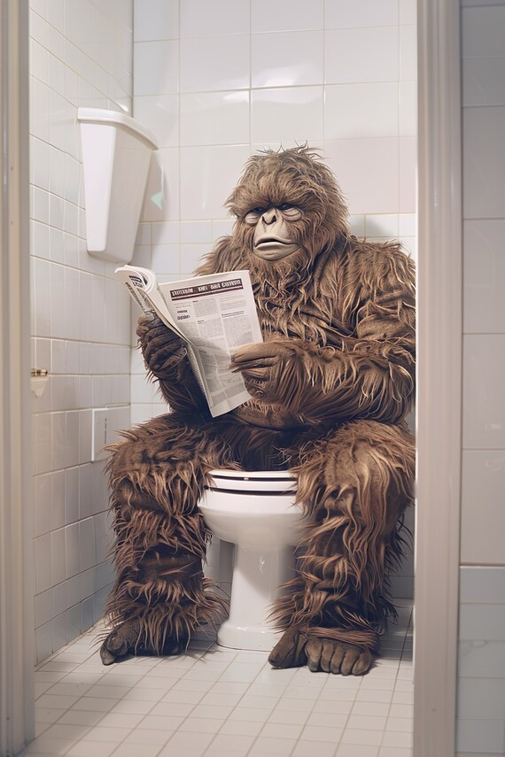 Sasquatch Reading Newspaper on Toilet Funny Bathroom Animal Poster