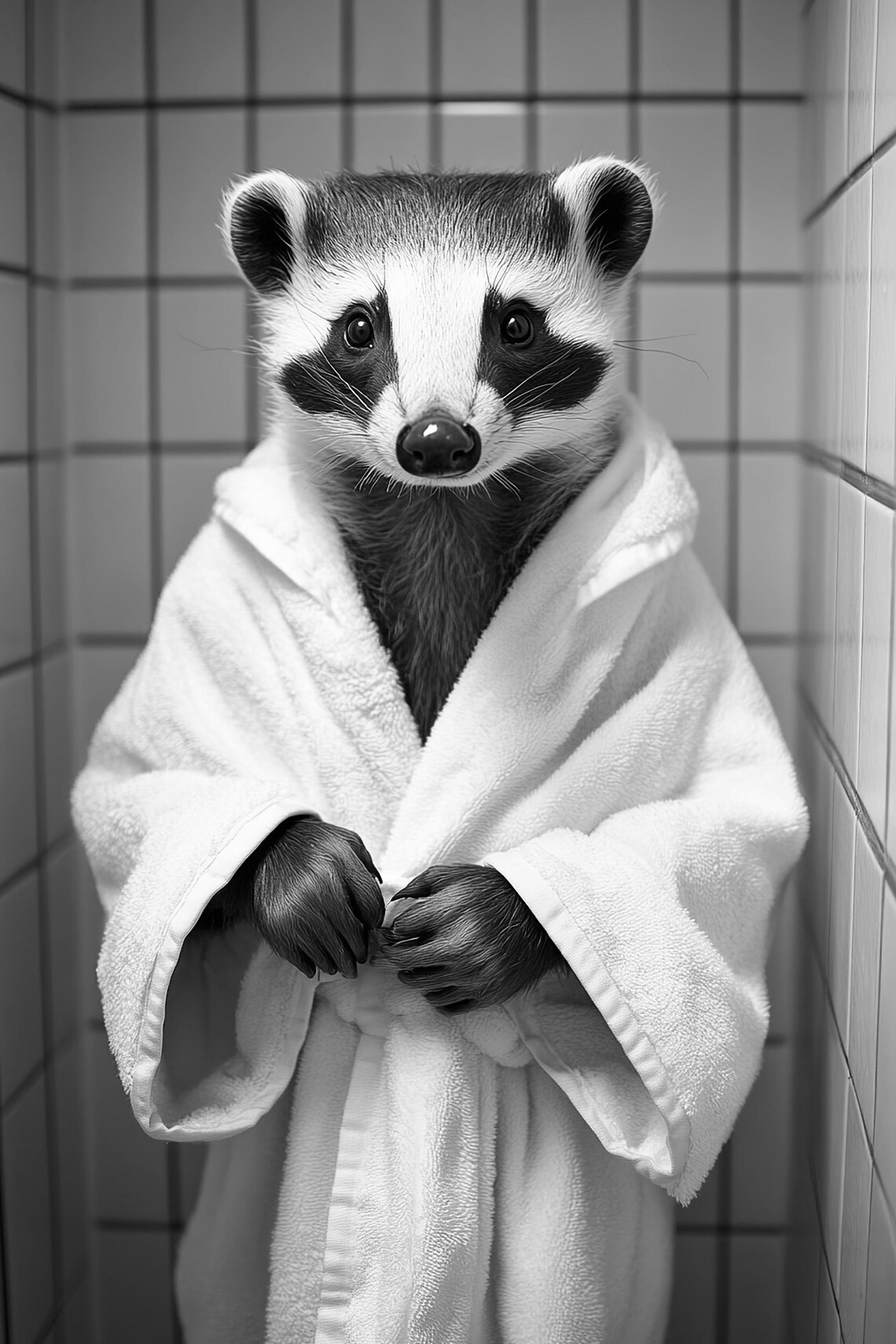 Raccoon In Bathrobe Black And White Bathroom Humor Animal Poster