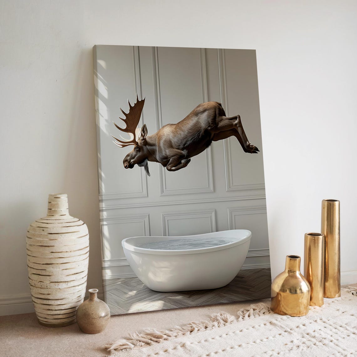 Moose Jumping Into Bathtub Funny Bathroom Wall Art Decor Animals Taking A Bath Vintage Style Retro Photo Moose Print Ai Art - Image 2