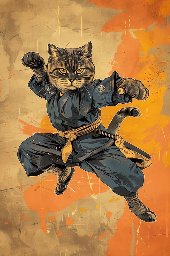 Ninja Cat Throwing A Karate Punch Boys Game Room Wall Decor Movie Poster Style Martial Arts Funny Animal Wall Art Ai Art