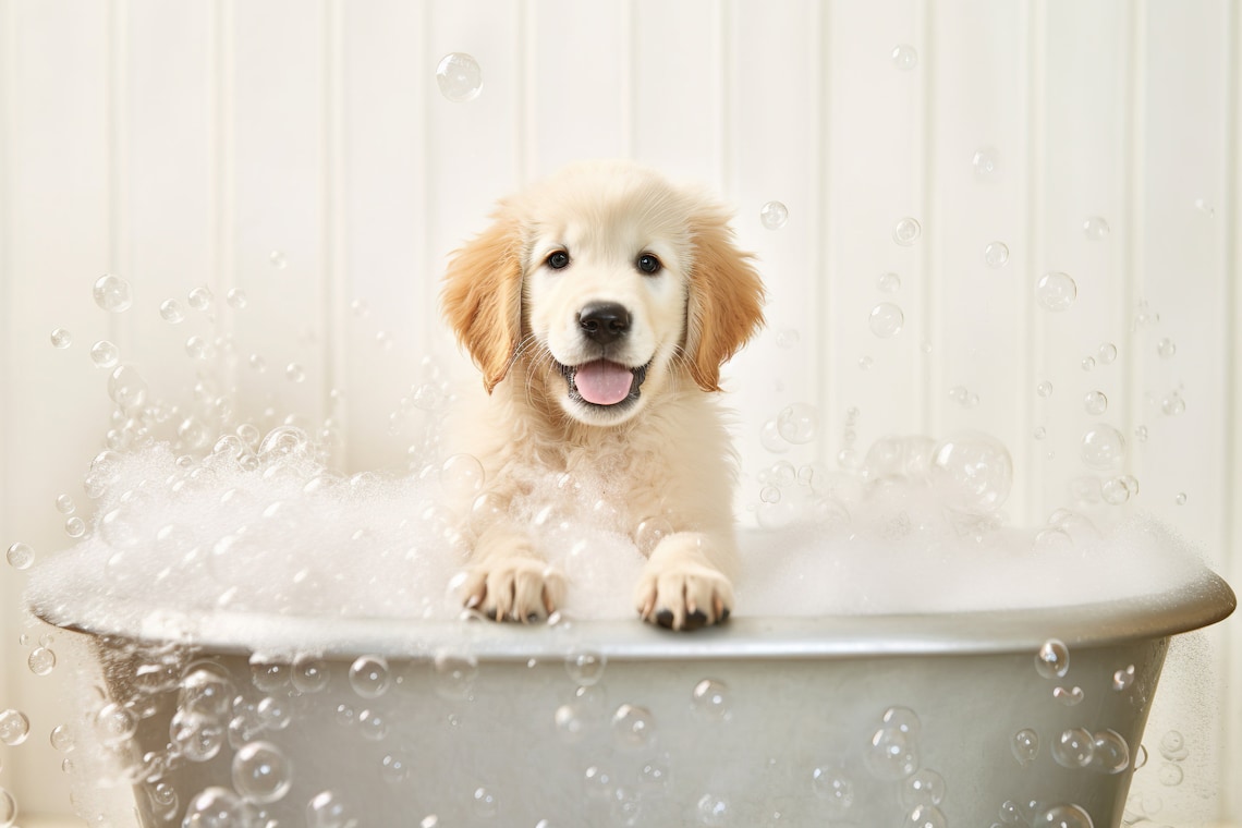 Golden Retriever Pup in the Bathtub, Funny Bathroom Art Print